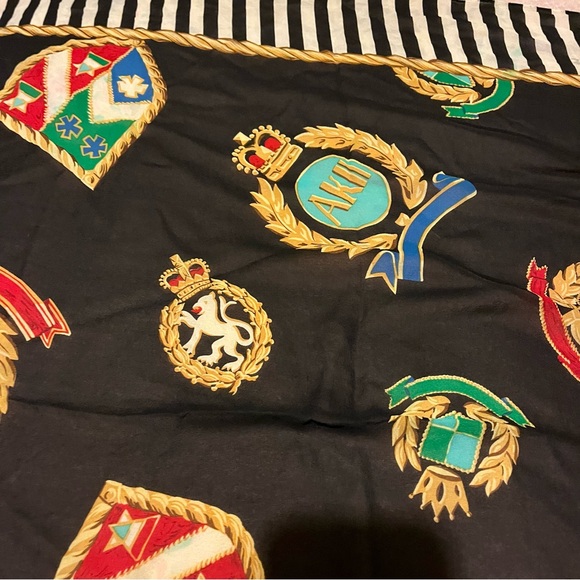 Anne Klein Vintage Silk Black and White Striped Scarf with Colorful Crests